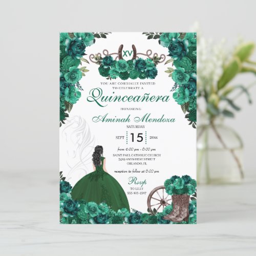 Emerald Green Charra Floral Boots Quinceaera Invitation