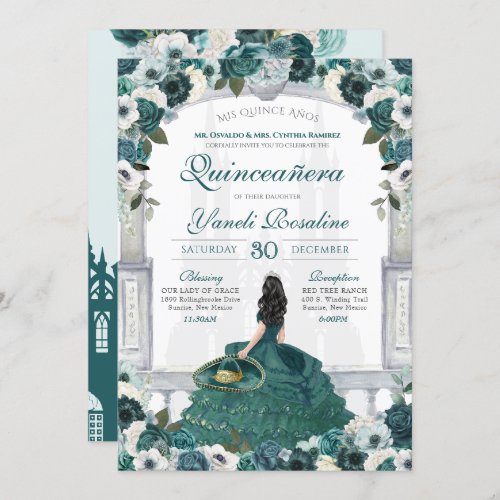 Emerald Green Charro Elegant Princess Quinceanera Invitation