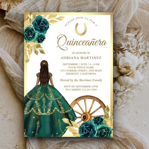 Emerald Green Charro Floral Dress Gold Quinceanera Invitation