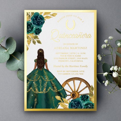 Emerald Green Charro Floral Dress Quinceanera Gold Foil Invitation