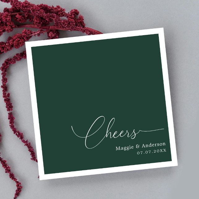 Emerald Green Cheers Script Wedding Napkins (Monogrammed Minimalism: Cheers to the Happy Couple Napkins)