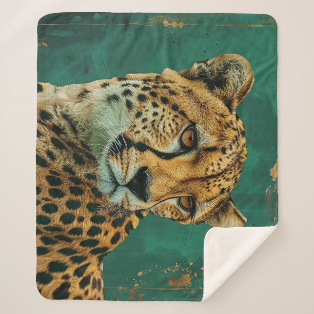 Emerald Green Cheetah Maximalist Decor Sherpa Blanket (Front)