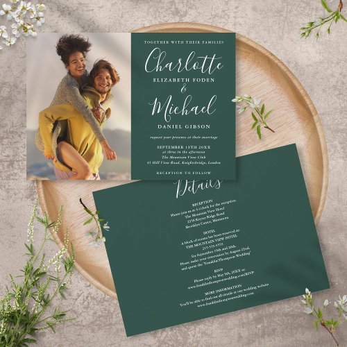 Emerald Green Chic Script Photo Wedding All In One Invitation