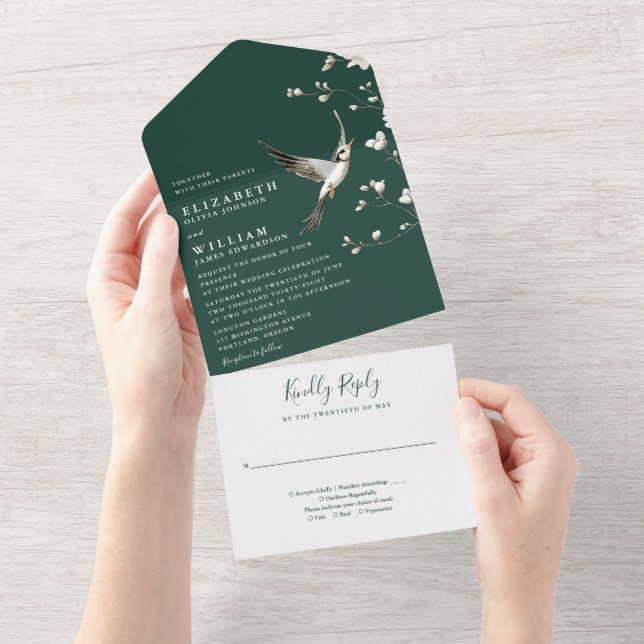 Emerald Green Chinoiserie Floral Garden Wedding All In One Invitation (Tearaway)