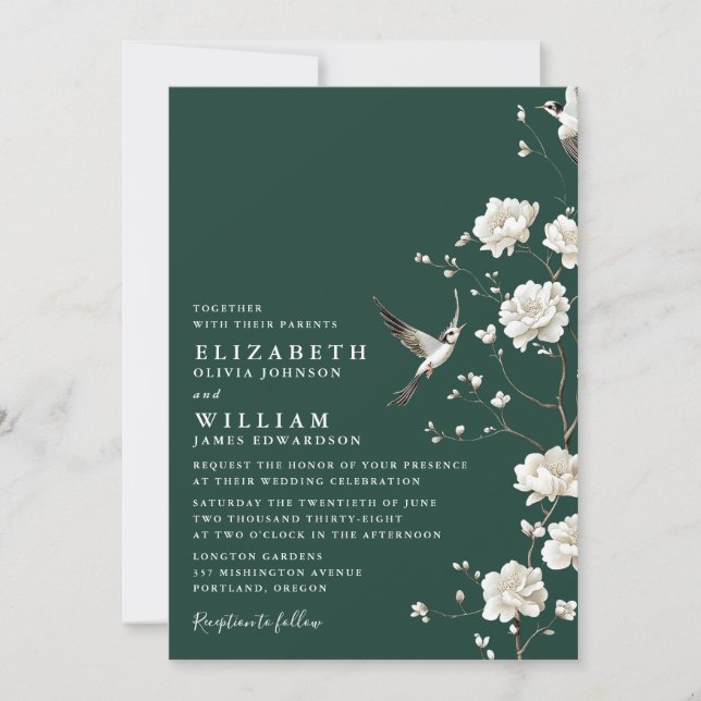 Emerald Green Chinoiserie Floral QR Code Wedding Invitation (Front)