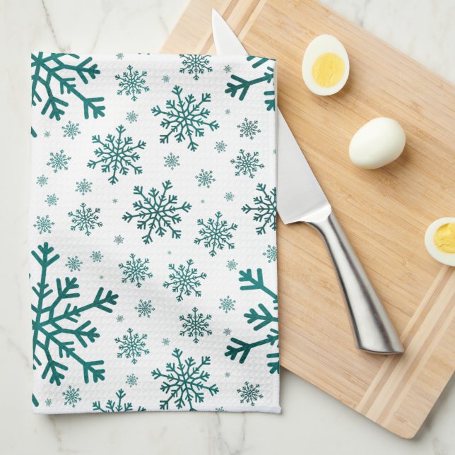 Emerald Green Christmas Snowflakes on Winter White Kitchen Towel (Quarter Fold)