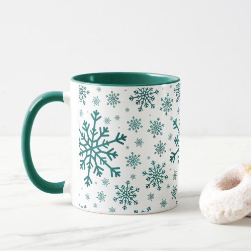 Emerald Green Christmas Snowflakes on Winter White Mug