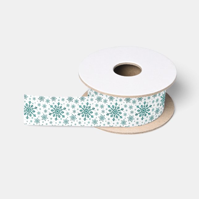 Emerald Green Christmas Snowflakes on Winter White Satin Ribbon (Spool)