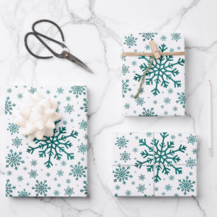 Emerald Green Christmas Snowflakes on Winter White Wrapping Paper Sheets