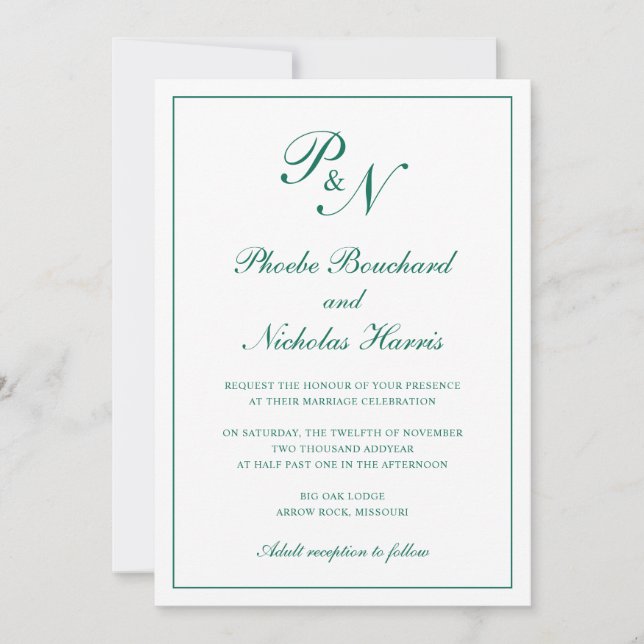 Emerald Green Classic Elegant Wedding Invitation (Front)