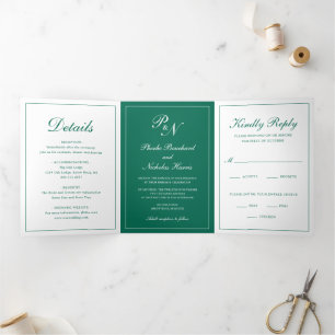 Emerald Green Classic Elegant Wedding Tri-Fold Invitation