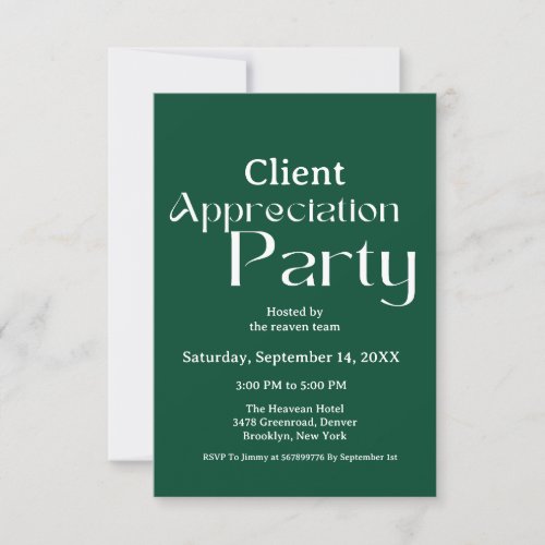 Emerald green client appreciation party grateful  invitation