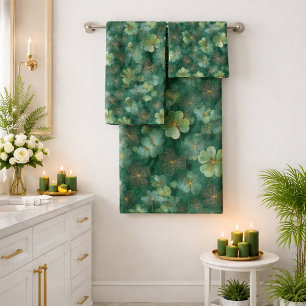 Emerald Green Clover Floral Pattern Bath Towel Set