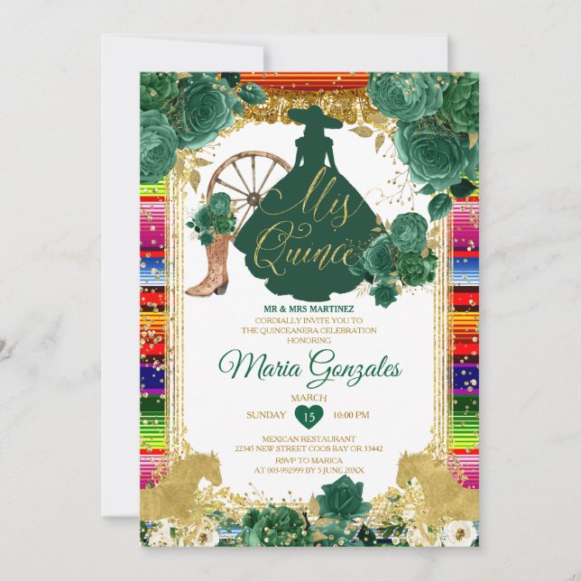 Emerald Green Colorful Mis Quince 15 Anos Glitter Invitation (Front)