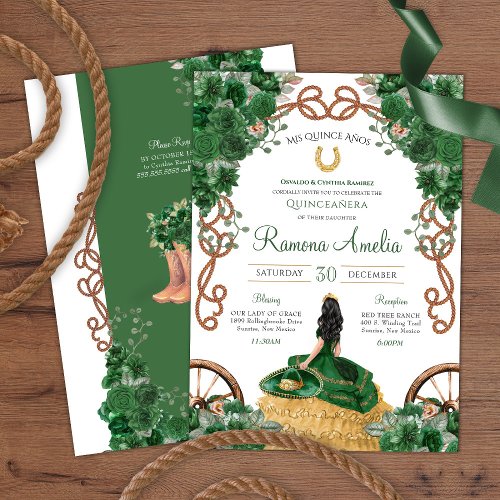 Emerald Green Country Western Charro Quinceaera  Invitation