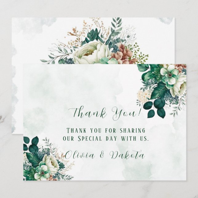 Emerald Green Cream Florals Thank You Cards (Front/Back)