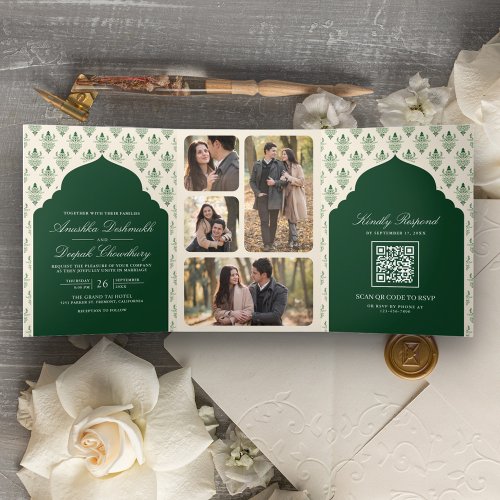 Emerald Green Cream Ikat All in One Indian Wedding Tri_Fold Invitation