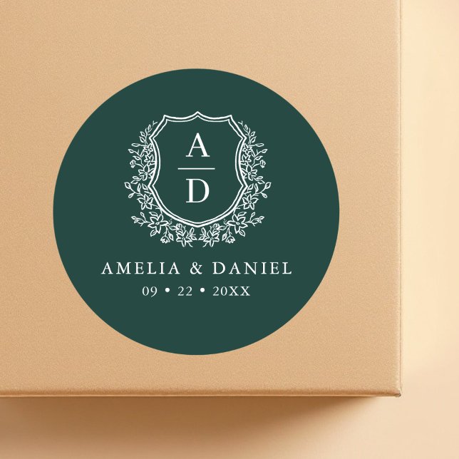 Emerald Green Crest Modern Monogram Wedding  Classic Round Sticker (Creator Uploaded)