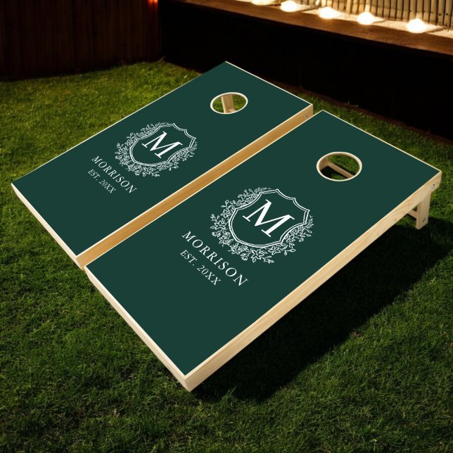 Emerald Green Crest Modern Monogram Wedding  Cornhole Set (Creator Uploaded)