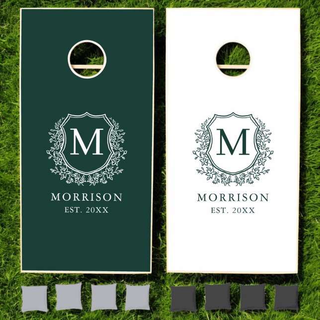 Emerald Green Crest Modern Monogram Wedding  Cornhole Set (Creator Uploaded)