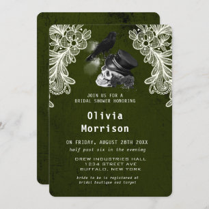 Emerald Green Crow Skull Roses Bridal Shower Invitation