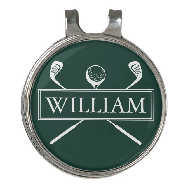 Emerald Green Custom Name Ball And Clubs Golf Hat Clip (Front)