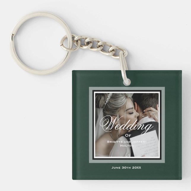 Emerald green customizable wedding photo keychain (Front)