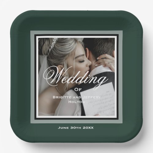 Emerald green customizable wedding photo paper plates