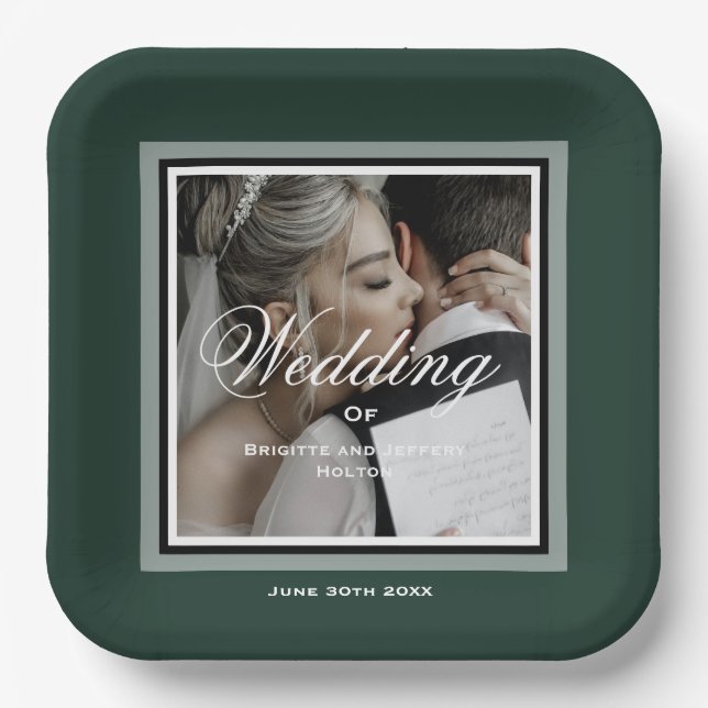 Emerald green customizable wedding photo paper plates (Front)