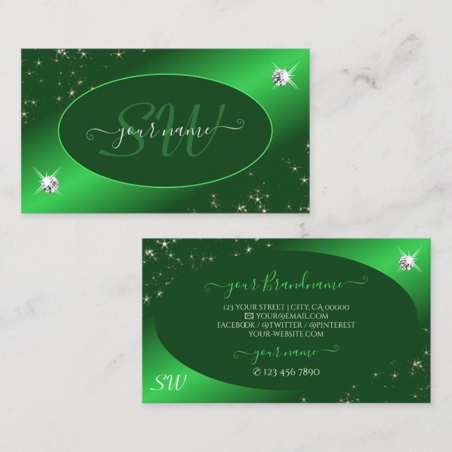 Emerald Green Cute Glitter Stars Diamonds Initials Business Card (Front/Back)