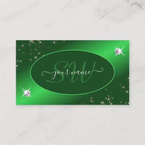 Emerald Green Cute Glitter Stars Diamonds Initials Business Card