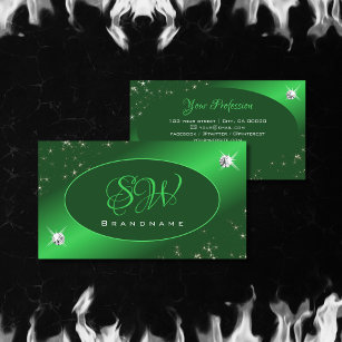Emerald Green Cute Glitter Stars Diamonds Monogram Business Card