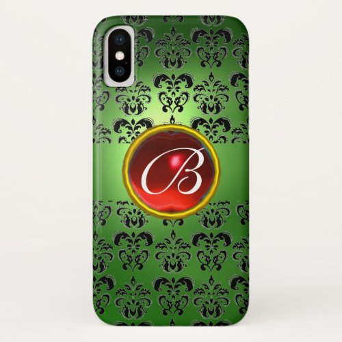 EMERALD GREEN DAMASK RED GEM MONOGRAM iPhone X CASE