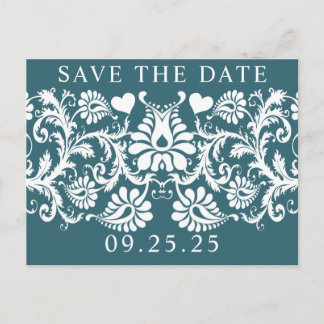 Emerald Green Damask Save the Date Announcement Postcard
