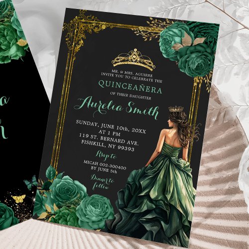 Emerald Green Dark background Royal Quinceaera Invitation