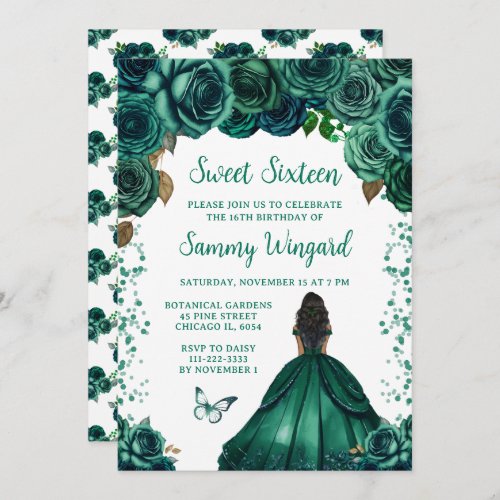 Emerald Green Dark Skin Princess Sweet Sixteen Invitation