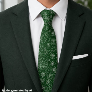 Emerald Green Doodle Christmas Sleigh Pattern Neck Tie