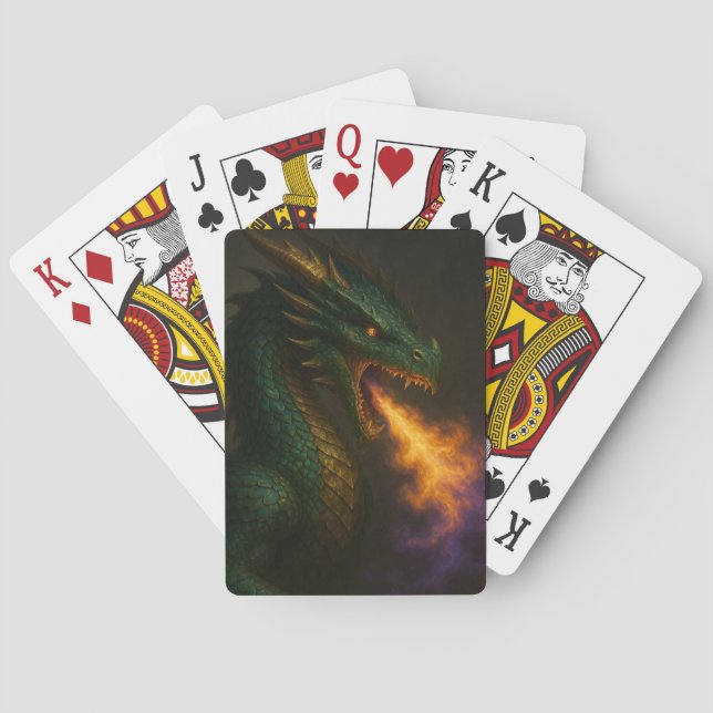 Emerald Green Dragon Breathing Fire Poker Cards (Back)