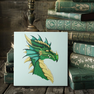 Emerald Green Dragon Portrait Head Fantasy Ceramic Tile