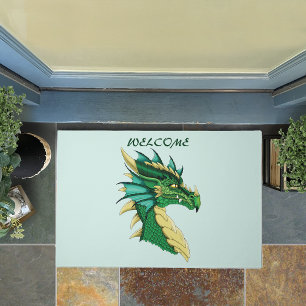 Emerald Green Dragon Portrait Head Fantasy Doormat