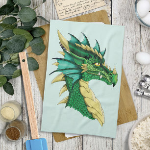 Emerald Green Dragon Portrait Head Fantasy Kitchen Towel