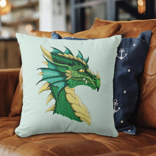 Emerald Green Dragon Portrait Head Fantasy Throw Pillow