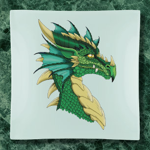 Emerald Green Dragon Portrait Head Fantasy Trinket Tray