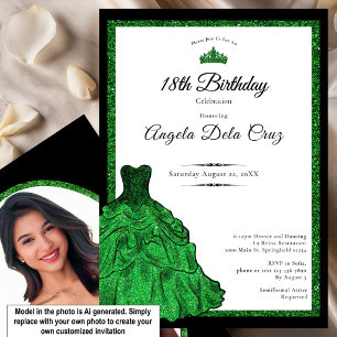 Emerald Green Dress and Tiara 18th Birthday Debut  Invitation
