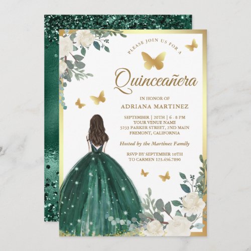 Emerald Green Dress Butterfly Gold Quinceanera Invitation