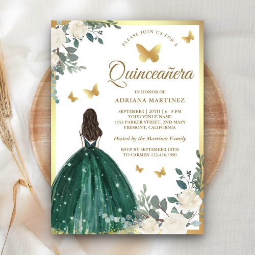 Emerald Green Dress Butterfly Gold Quinceanera Invitation