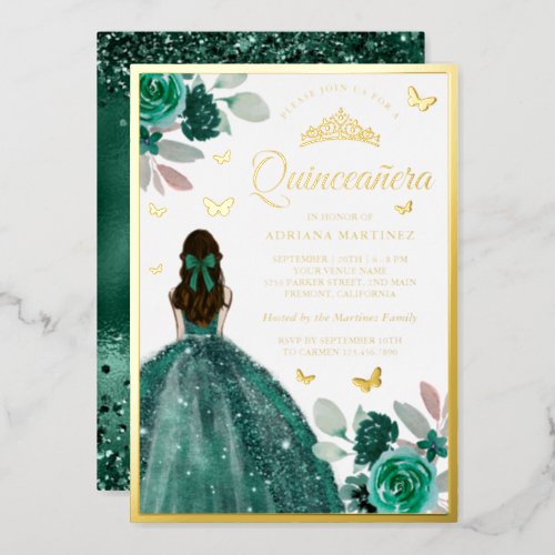 Emerald Green Dress Butterfly Quinceanera Gold Foil Invitation