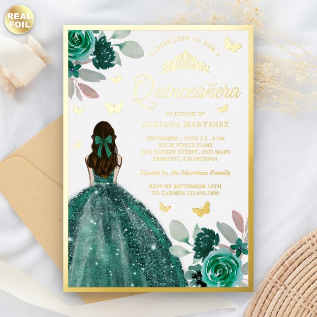 Emerald Green Dress Butterfly Quinceanera Gold Foil Invitation (Creator Uploaded)