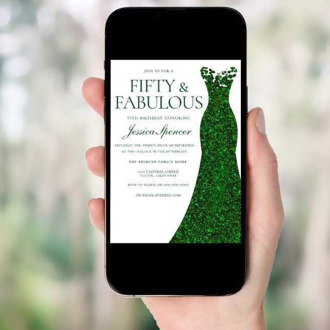 Emerald Green Dress Fifty & Fabulous 50th Birthday Invitation (Front Digital)