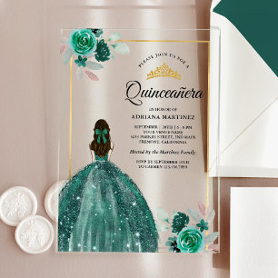 Emerald Green Dress Floral Gold Quinceanera Acrylic Invitations